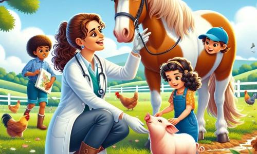 A cena mostra a Doutora Ana, uma veterinária sorridente, com cabelos castanhos presos em um rabo de cavalo, vestindo um jaleco branco e luvas de látex. Ela está agachada, examinando um grande cavalo chamado Trovão, que tem um lindo pelo marrom e olhos suaves. A Doutora Ana parece concentrada e feliz, demonstrando seu amor pelos animais. Perto dela, está Maria, uma menina de 8 anos com cabelos cacheados e um vestido colorido, que observa com admiração, segurando um caderninho para desenhar o cavalo. Um pouco mais longe, Pedro, um garoto de 7 anos com um boné azul, se diverte acariciando um porquinho que brinca na lama, rindo de felicidade. A cena ocorre em uma fazenda ensolarada, rodeada de campos verdes e flores coloridas, com galinhas bicando o chão e árvores majestosas ao fundo, criando uma atmosfera alegre e pacífica. A situação principal mostra a Doutora Ana verificando a saúde de Trovão, enquanto as crianças se divertem com outros animais, ilustrando a harmonia entre veterinários e animais, além da importância de cuidar deles com amor e atenção.