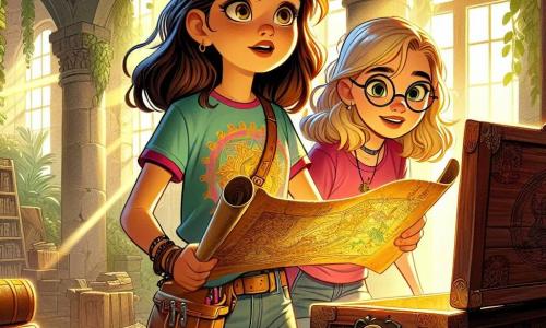 O fată de 12 ani, Ana, cu părul lung și brunet și ochi strălucitori de curiozitate, se află în centrul imaginii. Poartă un tricou colorat și un șort, având o curea plină cu unelte, și zâmbește cu entuziasm în timp ce ține o hartă veche în mâini. Lângă ea, cea mai bună prietenă, Maria, tot de 12 ani, are părul blond și ochelari rotunzi, privind harta cu uimire, cu mâinile pe șolduri, pregătită să exploreze. Decorul este un castel vechi și misterios, acoperit cu iederă, cu feronerie mari pline de praf și fresce șterse pe pereți. Razele soarelui filtrează printre copaci, iluminând o cameră plină de cărți vechi și comori ascunse. Situația principală o arată pe Ana și Maria descoperind o ladă mare din lemn, ornamentată cu motive vechi, plină de bijuterii strălucitoare și o hartă veche, simbolizând începutul aventurii lor incredibile.