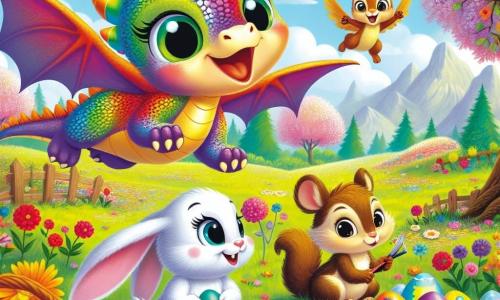 Una pequeña dragona con escamas brillantes de colores arcoíris, con grandes ojos chispeantes de curiosidad, vuela alegremente sobre un campo florecido, con una sonrisa radiante en su rostro. A su lado, un pequeño conejo de grandes orejas blancas, con un aire entusiasta, pinta huevos coloridos sobre un mantel de cuadros rojos. Una ardilla traviesa, con pelaje marrón y ojos pícaros, cuelga guirnaldas de flores en las ramas de un gran árbol. El escenario es un magnífico bosque primaveral, lleno de flores brillantes, árboles frondosos y un cielo azul claro. Lila, la dragona, busca ideas para hacer que la fiesta de Pascua sea aún más mágica, observando a sus amigos trabajar con alegría.