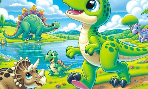Um velociraptor chamado Veloz, com plumagem verde brilhante e olhos cheios de curiosidade, corre alegremente à beira de um lago cintilante, suas patas finas e rápidas deixando marcas no chão. Ao seu lado, um tricerátopo chamado Trixie, com três majestosas hornas e pele bege, para para admirar a paisagem, um grande sorriso no rosto. Um estegossauro chamado Spike, com suas placas dorsais coloridas e expressão amigável, está um pouco atrás, bebendo água do lago. O cenário é uma vasta planície verdejante, salpicada de flores coloridas e árvores majestosas, sob um céu azul brilhante com algumas nuvens brancas. A cena principal mostra Veloz e seus amigos descobrindo juntos a beleza da natureza, cheios de empolgação e alegria, prontos para viver uma nova aventura.