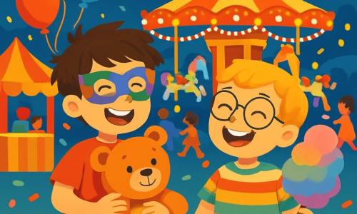 Hay 2 personajes principales: - Lucas: un niño de 8 años, con cabello castaño desordenado, que lleva una camiseta roja brillante y un pantalón corto azul. Está de pie, sonriendo, con una máscara colorida en la cara, sosteniendo un gran peluche en sus brazos. - Tomás: un niño de 8 años, con cabello rubio y gafas redondas. Lleva una camisa de rayas multicolores y un pantalón verde. Está al lado de Lucas, riendo y sosteniendo una nube de azúcar que cambia de color. La situación principal se desarrolla en un carnaval mágico, lleno de puestos coloridos, luces brillantes y decoraciones festivas. Globos flotan en el aire, y un gran carrusel con caballos pintados de colores gira alegremente en el centro, rodeado de familias y niños que bailan y se divierten. La historia muestra a Lucas y Tomás, maravillados, explorando el carnaval, rodeados de juegos, risas y música, mientras confeti multicolor cae suavemente a su alrededor, creando una atmósfera alegre y festiva.