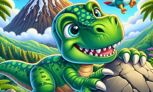 Un joven Tyrannosaurus Rex llamado Timo, con piel verde brillante y ojos llenos de curiosidad, se encuentra en el centro de la imagen, sonriendo con entusiasmo mientras empuja una gran piedra con su poderosa cola. A su lado, su mejor amigo Pipo, un pequeño pterodáctilo de alas coloridas, vuela alegremente en el aire, haciendo piruetas y animando a Timo. Al fondo, la Montaña Humeante se alza majestuosamente, con nubes de humo saliendo de su cima y un cielo azul brillante. El suelo está salpicado de rocas y helechos exuberantes, creando una atmósfera de aventura. La escena muestra a Timo y Pipo trabajando juntos para superar un obstáculo, ilustrando el espíritu de equipo y la amistad en un mundo prehistórico vibrante y colorido.