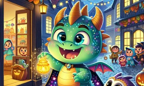Der kleine Drache Fips mit seiner schimmernden grünen Haut und seinen großen, staunenden Augen trägt ein magisches Kostüm mit leuchtenden Sternen. Er steht im Zentrum der Bühne, mit einem breiten Lächeln und hält einen leuchtenden Schatz in seinen kleinen Pfoten. Neben ihm schwebt die Eule Nelly mit ihrem weichen Gefieder und ihren großen, neugierigen Augen leicht über ihm, mit einem fröhlichen und aufgeregten Ausdruck, bereit zur Erkundung. Die Kulisse ist eine belebte Straße der Stadt Kürbishausen, erleuchtet von bunten Laternen und geschmückt mit fröhlichen Kürbisgesichtern. Die Häuser sind mit Girlanden aus Herbstblättern geschmückt, und im Hintergrund lachen und spielen verkleidete Kinder. Die Hauptszene zeigt Fips und Nelly, die einen alten geheimnisvollen Laden entdecken, mit einer halb offenen Tür und einem goldenen Licht, das von innen strahlt, während sie bereit sind einzutreten, voller Neugier und Aufregung für das bevorstehende Abenteuer.