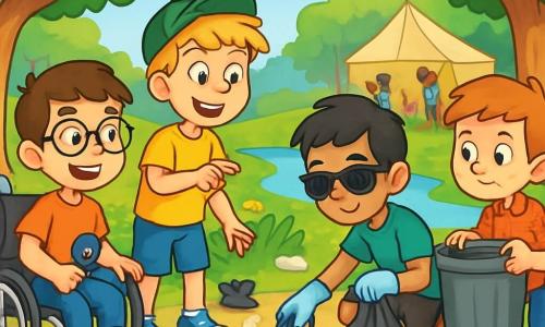 Er zijn 4 kinderen: - Lucas: een 10-jarig jongetje in een rolstoel, met bruin haar en een bril. Hij glimlacht vrolijk terwijl hij een kleine schep vasthoudt. - Sam: een 10-jarig jongetje met rommelig blond haar en een groene pet. Hij staat rechtop en wijst naar een kleine schildpad die ze net hebben gered, met een grote glimlach op zijn gezicht. - Emir: een 10-jarig jongetje met zwart haar en een zonnebril. Hij zit op de hurken en raapt afval op met een handschoen, met een geconcentreerde blik. - Joris: een 10-jarig jongetje met rood haar en een geruit shirt. Hij staat rechtop en houdt een grote vuilnisbak vast, klaar om afval weg te gooien, met een vastberaden uitdrukking. De situatie speelt zich af in een groen park, vol majestueuze bomen met heldergroene bladeren. Kleurrijke bloemen omzomen de paden en een kleine beek schittert in de zon. In de verte is een grote tent te zien waar andere kinderen en volwassenen druk bezig zijn met het planten van bomen. De kinderen zijn bezig met het schoonmaken van een gebied in het park, omringd door plastic afval. Ze zijn geconcentreerd en enthousiast, met vuilniszakken aan hun voeten, en hun heldhaftige daad om de schildpad te redden benadrukt hun liefde voor de natuur.