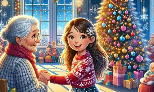 Una bambina di 9 anni, Sofia, con lunghi capelli castani e occhi scintillanti di gioia, sorride ampiamente tenendo la mano di una vecchia signora. Sofia indossa un bel maglione rosso con fiocchi di neve e una gonna a pois. È circondata da luci scintillanti e decorazioni natalizie colorate, in una sala calda e festosa. La vecchia signora, di circa 70 anni, ha capelli grigi e un viso dolce, segnato da rughe di saggezza. Indossa un scialle di lana e guarda Sofia con un sorriso commosso, seduta su una sedia vicino a un grande albero di Natale decorato, pieno di palline brillanti e ghirlande dorate. Il luogo è una sala comune di un orfanotrofio, con pareti dipinte di azzurro chiaro, finestre ornate di tende rosse, e un grande albero di Natale illuminato al centro, circondato da ghirlande e regali colorati. Fiocchi di neve cadono dolcemente all'esterno, aggiungendo all'atmosfera magica. La scena principale mostra Sofia e la vecchia signora che danzano gioiosamente insieme, circondate da altri bambini e adulti che celebrano la magia del Natale, creando un'atmosfera di calore, amicizia e condivisione.