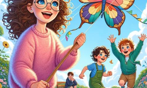 In the center of the image, Emma, a young woman with bright blue eyes and curly brown hair, wears a fluffy pink sweater and round glasses. She smiles enthusiastically while holding a large, colorful butterfly-shaped kite that soars in the sky. Her face radiates joy and pride as she shows her creation to the other children. Next to her, Benny, an 8-year-old boy with curly hair and green overalls, jumps for joy with his arms raised to the sky, his face beaming with excitement and admiration for the kite. A bit further away, Max, a 7-year-old boy with brown hair and sparkling eyes, watches the flying kite in awe. He is dressed in a blue t-shirt and shorts, standing near a bench, ready to join his new friends. The setting is a sunny park filled with colorful flowers and lush trees. Children are playing around, and the sky is a bright blue with a few fluffy white clouds. The scene depicts Emma, Benny, and Max flying the musical kite, which majestically rises in the air, spreading a joyful melody that captures the attention of all the children in the park, creating a festive and happy atmosphere.