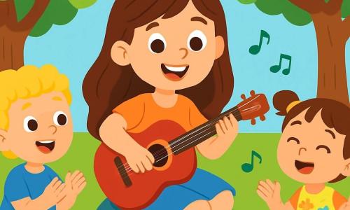 Una joven, Sofía, sonriente y alegre, con largos cabellos castaños y ojos brillantes, está sentada en la hierba verde del parque. Ella toca su guitarra roja, sus dedos bailan sobre las cuerdas con entusiasmo. Alrededor de ella, varios niños de 5 a 7 años la escuchan con asombro. Un niño rubio y rizado, con una camiseta azul, aplaude al ritmo. Una niña con trenzas, vestida con un vestido de flores, canta con alegría, sus ojos brillando de felicidad. El parque está lleno de árboles majestuosos de hojas verdes y flores coloridas adornan el suelo. Las risas de los niños resuenan en el aire, creando una atmósfera alegre y animada. Sofía invita a los niños a participar en su canción y juntos crean una melodía mágica, llena de risas y alegría.