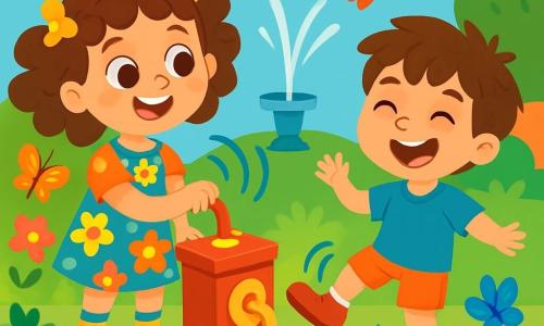 Una niña de 4 años, Clara, con grandes ojos brillantes y cabello rizado, sonríe alegremente mientras juega con una máquina mágica en su jardín. Lleva un vestido colorido con flores y calcetas rayadas. A su lado, su amigo Tomás, un niño de 5 años con cabello castaño desordenado y una camiseta azul, ríe mientras intenta bailar con zapatos que se mueven solos. El jardín está lleno de flores brillantes, mariposas coloridas y una pequeña fuente donde un pez volador, con escamas brillantes, se eleva en el aire. La escena principal muestra a Clara y Tomás riendo mientras los zapatos bailan a su alrededor, creando un ambiente alegre y mágico.