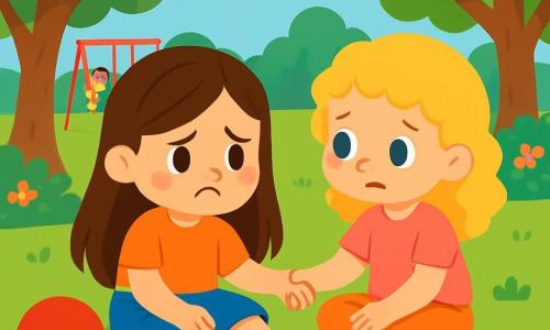 Una niña de 4 años, Marina, con largos cabellos castaños y ojos brillantes, está sentada en la hierba verde del parque. Tiene una expresión triste, con las cejas fruncidas y los labios apretados, porque acaba de perder su pelota roja. A su lado, su mejor amiga, Sofía, una niña de 4 años con cabello rubio y rizado, la mira con preocupación, sentada en posición de loto, lista para consolarla. El parque está lleno de grandes árboles con hojas verdes brillantes y flores coloridas. A lo lejos, se ven niños jugando en columpios y toboganes. Marina y Sofía están en el centro de la imagen, rodeadas de risas de otros niños, pero están en su propio mundo, preocupadas por la pérdida de la pelota. Sofía toma la mano de Marina, mostrándole que está allí para ayudarla a encontrar su pelota y superar su tristeza.
