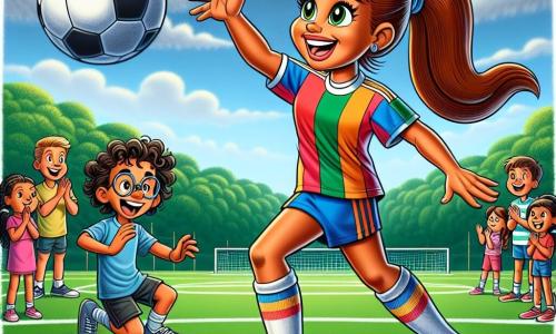 In het midden van de afbeelding staat Lisa, een sportieve jonge vrouw van ongeveer 25 jaar, met een grote glimlach op haar gezicht en kastanjebruin haar in een dynamische paardenstaart. Ze draagt een kleurrijk voetbalshirt, shorts en sneakers, terwijl ze met een voetbal jongleert, wat haar passie en vreugde voor het spel toont. Rechts van haar moedigt Tom, een 10-jarig jongetje met een bril en krullend haar, haar enthousiast aan met zijn armen omhoog. Hij draagt een blauwe t-shirt en zwarte shorts en staat op het gras, met glinsterende ogen van bewondering voor Lisa. Op de achtergrond kijkt een groep kinderen, jongens en meisjes van 8 tot 12 jaar, vol verwondering toe, sommigen applaudisserend en anderen lachend, allemaal in kleurrijke sportkleding. De locatie is een uitgestrekt groen voetbalveld, omringd door majestueuze bomen onder een stralend blauwe lucht, met goed afgebakende witte lijnen op het gras. Lichte wolken drijven in de lucht, wat een vleugje zachtheid aan de scène toevoegt. De belangrijkste situatie toont Lisa, vol energie en vastberadenheid, die de kinderen voetbaltechnieken leert, terwijl ze een vrolijke en vriendelijke sfeer creëert waarin leren en plezier harmonieus samenkomen.