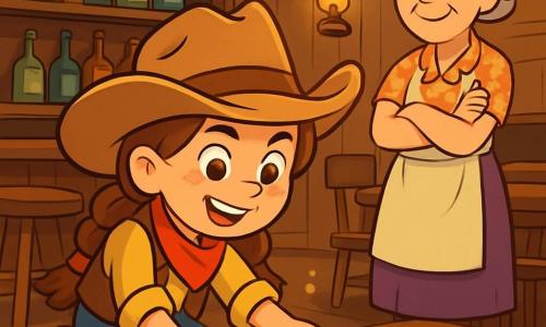 Maggy, eine junge Cowgirl mit geflochtenem kastanienbraunem Haar, trägt einen breiten Cowboyhut und ein leuchtend rotes Halstuch. Ihr Gesicht strahlt fröhliche Entschlossenheit aus, mit funkelnden Augen vor Aufregung. Sie hockt und untersucht aufmerksam eine alte Schatzkarte, umgeben von Staub und Geheimnissen. Neben ihr steht Miss Sally, eine Frau in den Fünfzigern mit silbernem Haar und einem warmen Lächeln, die stolz auf Maggy schaut. Sie trägt eine blumige Bluse und eine Schürze, und ihr Blick ist voller Ermutigung. Die Szenerie spielt im alten Saloon von Redstone City, mit abgenutzten Holzwänden, Eichenholz-Tischen und gedämpftem Licht. Im Hintergrund funkeln Glasflaschen auf den Regalen, und ein Klavier spielt sanft eine fröhliche Melodie. Die Hauptsituation zeigt Maggy, die einen alten Schatz im Saloon entdeckt, umgeben von einer Atmosphäre von Abenteuer und Geheimnis, bereit, das Geheimnis des alten Sheriffs zu lüften.