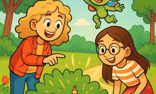W parku słonecznym znajdują się trzy postacie: Zosia, 12-letnia dziewczynka z blond kręconymi włosami w czerwonej kurtce, wskazująca na tajemniczą lampę w krzakach; Ola, również 12-letnia, z gładkimi brązowymi włosami w okrągłych okularach, pochylona z uśmiechem, z t-shirtem w paski i kwiecistą spódnicą; oraz Fiksuś, mały zielony stworek z dużymi uszami, unoszący się radośnie nad dziewczynkami, gotowy do pomocy. W tle widać ścieżkę żwirową prowadzącą do gęstych krzaków, gdzie ukryta jest świecąca lampa, otoczona złotymi iskierkami. Zosia i Ola odkrywają magiczną lampę, a Fiksuś unosi się nad nimi, gotowy ujawnić swoje moce, podczas gdy dziewczynki wyrażają zdziwienie i ekscytację, a z lampy wydobywają się promienie światła, tworząc magiczną atmosferę.