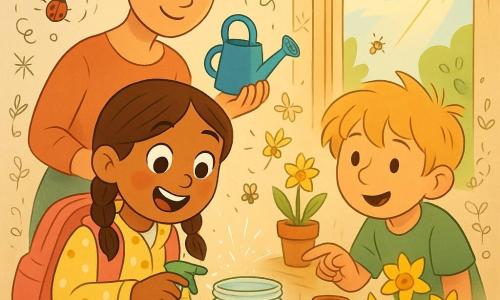A happy 6-year-old girl with brown pigtails, rosy cheeks, a yellow polka-dot jacket and pink backpack gently sprays a glass jar terrarium with a small snail as warm sunlight streams through an open classroom window; a female teacher (30–35) with chestnut hair in a bun stands behind her holding a small blue watering can, and a blond 7-year-old boy in a green T-shirt crouches to the right pointing at a row of small yellow daffodils on a light wood table with pots and a blue vase, leaf drawings on the wall and a miniature wooden pier nearby, while sparkling water droplets and doodles of ladybugs, bees and flowers float in the scene.