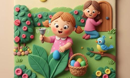 A 4-year-old girl with a round face, rosy cheeks, big bright eyes and light brown pigtails, joyful and amazed, holds a small silver bell and a wicker basket of colored eggs, while her mother, about 30, fair-skinned with tied brown hair, kneels by the house door at right smiling tenderly; a small blue-and-yellow bird perches on a low branch tilting its head; the garden is a green clay-textured lawn with pink and yellow flower buds, a large rosebush and a soft hedge under a pale yellow sun; the girl gently rummages under green leaves to find a shiny blue egg, bell ringing, a half-full basket beside her; vivid colors, soft textures, simple shapes, warm lighting, composition centered on the girl.