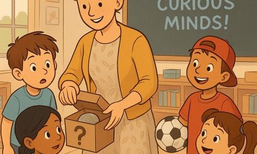 A warm, smiling female teacher with light brown hair in a loose bun, wearing a mustard cardigan and patterned dress, stands by a wooden desk opening a small cardboard box marked with a question mark; children around her react as she reveals a smooth 
