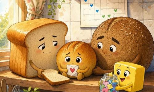 O personagem principal é um pequeno pão redondo e dourado, olhos expressivos, aparência triste e esperançosa, sentado numa prateleira de madeira segurando um papel dobrado com um coração; à esquerda, o Pão de Forma, rosto suave e levemente cansado, sorri ternamente e coloca uma fatia junto ao pequeno pão para consolá-lo; à direita, o Pão Integral, formato rústico e olhar caloroso, inclina a cabeça em gesto de conforto; a Manteiga, pequeno retângulo amarelo vivo, está perto, animada, segurando um pote de vidro com papéis coloridos (o 
