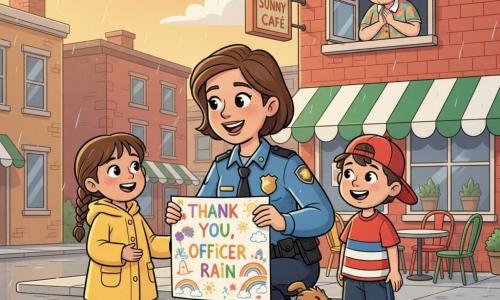 A warm, smiling policewoman with short brown hair, shiny blue uniform jacket and silver badge, waterproof boots, crouched holding a large colorful poster, bright eyes; Maya, ~8, braided hair and a yellow coat stands left holding one corner with pride; Leo, ~9, red cap and striped tee stands right holding the other corner smiling; Mrs. Botts, ~70, gray hair in a bun and floral dress leans from a first-floor window applauding; the wet but joyful light-brown puppy Biscuit wags his tail at the officer's feet; in front of the Sunny Café on Maple Street with a white-and-green striped awning, colorful metal chairs, rain-glossed sidewalk and reflective puddles, red brick buildings behind; main scene: presenting a poster reading “THANK YOU, Officer Rain” covered in children's drawings, golden light piercing clouds, warm tranquil after-rain atmosphere, centered composition, saturated colors, crisp outlines, 90s cartoon style, child-level perspective