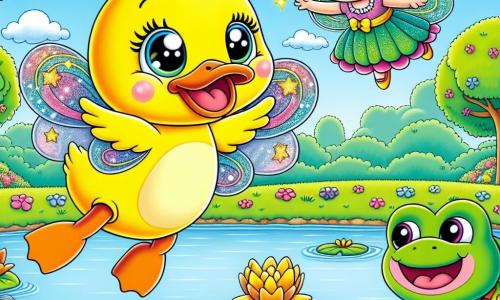 Um pato amarelo brilhante chamado Quico, com grandes olhos brilhantes e um sorriso alegre, flutua no ar, com as asas abertas, mostrando uma expressão de admiração e felicidade. Perto dele, uma pequena fada com asas cintilantes, vestida com um vestido feito de pétalas de flores, sorri enquanto lança um feitiço mágico. O cenário é um lago tranquilo cercado por flores coloridas e grandes árvores verdes, sob um céu azul radiante salpicado de nuvens brancas e fofas. Quico, voando pela primeira vez, sente uma imensa alegria e uma sensação de liberdade, enquanto seus amigos, uma rã verde chamada Riri e uma tartaruga de casca colorida chamada Tita, o observam da margem do lago, maravilhados com sua façanha.