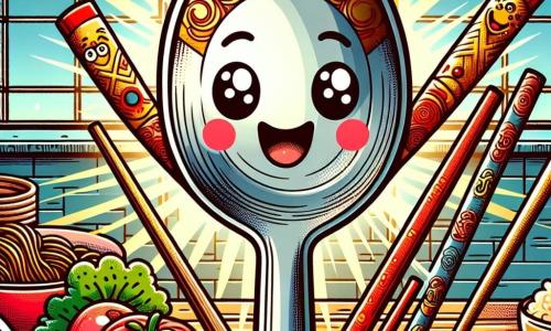 In the center, a large metal spoon with a smiling face and bright eyes expresses curiosity and joy. It is surrounded by two wooden chopsticks, one adorned with golden patterns and the other with red designs, both displaying warm smiles and sparkling eyes of excitement. The spoon is placed on a wooden kitchen countertop, where colorful ingredients like fresh vegetables and noodles are arranged. In the background, a window lets in sunlight, illuminating the scene with a soft glow. The spoon and chopsticks are ready to prepare a dish together, symbolizing the union of different cultures in a friendly and joyful atmosphere.