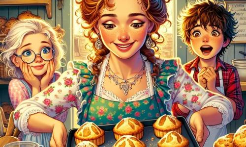 A smiling woman, Mrs. Poppy, is at the center of the image, with curly hair and a floral apron, her rosy cheeks betraying her joy. She is taking a tray of golden scones out of the oven, a spark of pride in her sparkling eyes. Next to her, an 8-year-old girl, Emma, with blonde hair and glasses, watches in awe, holding a still-warm scone in her hands. A 7-year-old boy, Jack, with messy brown hair, stands a bit back, eyes wide, a hand over his mouth, as if eager to taste. The setting is a cozy bakery, with wooden shelves filled with colorful pastries, jars of jam on the counter, and a large blackboard in the back displaying recipes. The scene captures the excitement and magic of the moment when children discover the joy of baking, surrounded by sweet aromas and a friendly atmosphere.