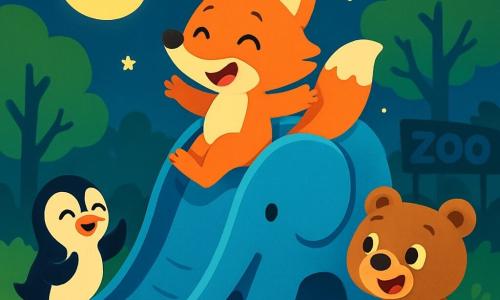 A playful fox named Felix, with bright orange fur and sparkling mischievous eyes, joyfully slides down an elephant-shaped slide. Next to him, a small penguin named Penny, with a bright white belly and black wings, laughs heartily while waiting for her turn. A brown bear, Benny, with soft fur and round curious eyes, stands at the bottom of the slide, ready to catch Felix while laughing. The scene takes place in a nighttime zoo, illuminated by the soft light of the moon, with lush trees and twinkling stars in the sky. The animals are having fun together, creating a joyful and laughter-filled atmosphere. Felix slides enthusiastically, while Penny cheers and Benny enjoys a jar of honey nearby, adding a sweet touch to this nighttime adventure.