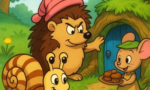 A smiling, amazed snail with a shiny beige-and-brown striped shell and big glossy eyes slides toward a tiny blue door hidden in dewy grass; a grumpy-but-amused round hedgehog with brown-and-cream spines and a striped pink slipper on its head stands behind the snail pushing the door; a small large-eared mouse in a green leaf hat and burlap dress offers a plate of acorn cakes from inside the ajar door; morning meadow with dandelions, pebbles and a dirt path, the tiny door set in mossy twisted roots; main scene: the snail and hedgehog emerge together as the door closes behind them, laughter visible, soft morning light, playful warm atmosphere.