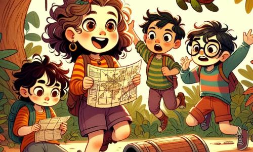A 9-year-old girl named Daisy, with big brown eyes sparkling with curiosity and curly hair cascading over her shoulders, holds an old treasure map in her hands. She has a wide smile, full of excitement and wonder. Next to her is her best friend Leo, a 9-year-old boy with messy hair and a colorful striped t-shirt, jumping for joy with his arms raised, ready for adventure. A little further away, Mia, a 9-year-old girl with long, smooth hair, watches in fascination a large turtle-shaped rock, while Sam, a 9-year-old boy with glasses and a serious expression, takes notes in a small notebook, his brows furrowed in concentration. The setting is a lush forest bathed in golden light, with majestic trees displaying bright green leaves and sunlight filtering through the branches, creating dancing shadows on the ground. Colorful flowers dot the path, adding a touch of magic to the environment. The main scene shows Daisy and her friends discovering a small wooden chest buried under leaves, their faces lit up with surprise and excitement as they prepare to open it together, eager to uncover the hidden treasure inside.