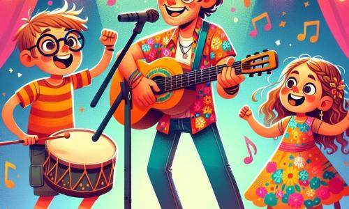 Un hombre llamado Pablo, con una sonrisa y cabello castaño ligeramente ondulado, se encuentra en el centro del escenario, sosteniendo una guitarra con pasión. Lleva una camisa colorida y pantalones de mezclilla, y sus ojos brillan de emoción mientras canta con entusiasmo, rodeado de una aura de música colorida. A su derecha, Clara, una niña de 10 años con largos cabellos rubios trenzados, baila alegremente con los brazos levantados al cielo, vestida con un vestido de flores y una gran sonrisa. A su izquierda, Tomás, un niño de 9 años con gafas y cabello castaño desordenado, toca la batería con energía, concentrado en su ritmo y mirando a Pablo con admiración. La escena es colorida, iluminada por focos brillantes, con un público entusiasta de niños y adultos que aplauden y cantan juntos, creando una atmósfera festiva. La situación principal muestra a Pablo, Clara y Tomás dando un concierto juntos, compartiendo su amor por la música e inspirando al público con su energía contagiosa.