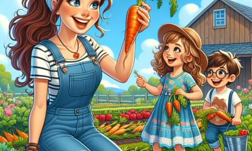Eine Landwirtin namens Anna, etwa 30 Jahre alt, mit langen braunen Haaren, die zu einem Pferdeschwanz gebunden sind, lächelt fröhlich und hält eine frisch geerntete Karotte aus ihrem Garten. Sie trägt eine Jeanslatzhose und ein gestreiftes T-Shirt sowie Gummistiefel. Neben ihr steht ein 8-jähriges Mädchen namens Mia mit lockigem, blondem Haar, das neugierig die Karotte betrachtet. Sie trägt ein buntes Kleid und Sandalen. Ein 7-jähriger Junge namens Max mit braunen Haaren und Brille nähert sich lachend und hält einen Eimer voller Gemüse. Die Szene spielt in einem bunten Gemüsegarten mit Reihen von roten Tomaten, orangefarbenen Karotten und gelben Paprika unter einem klaren blauen Himmel mit einigen weißen Wolken. Im Hintergrund sieht man eine rustikale Holzscheune und Farmtiere wie Hühner und Kühe, die zur fröhlichen Atmosphäre beitragen. Die Hauptsituation zeigt Anna und die Kinder, die gemeinsam Gemüse ernten und dabei lachen, was die Liebe zur Natur und Teamarbeit auf dem Bauernhof verdeutlicht.