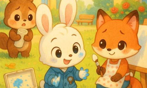 Bruno, un mic iepuraș detectiv chibi, cu urechi mari albe și jachetă albastră cu o lupă la buzunar, este îngenuncheat lângă o cutie de vopsele deschisă, cu privire curioasă și lăbuțe pătatе de vopsea albastră; Lila, o vulpiță roșcată chibi cu ochi blânzi, jenată dar ușurată, poartă un șorț cu buline și ține o pensulă încă cu vopsea albă, așezată pe un scaun la dreapta lui Bruno lângă o pânză pe șevalet; Momo, o veveriță brună chibi, îngrijorată apoi liniștită, ține tabloul rulat la piept, stând în spatele lui Bruno, cu obraji roșii; în fundal o curte de școală însorită cu gazon verde, tufe de trandafiri, o bancă de lemn și câteva pete de vopsea pe sol, lumină caldă de dimineață; situația principală: Bruno descoperă că Lila a împrumutat vopseaua albă pentru a retușa tabloul lui Momo — o dezvăluire calmă și prietenoasă, compoziții colorate, textură de pânză și stropi de vopsea vizibili, cadru strâns pe cei trei pentru a evidenția emoția și cooperarea.