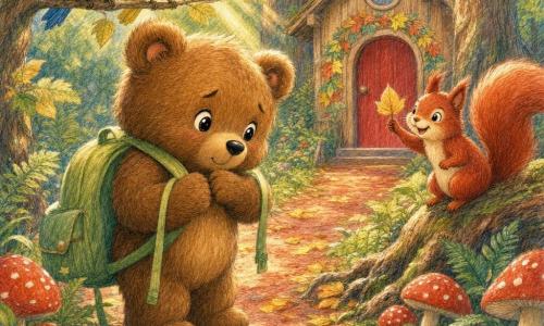 A small fluffy brown bear cub stands in the foreground, shy yet determined with bright eyes, adjusting a strap on a light green backpack; a bright red squirrel on a nearby root smiles and waves a leaf, encouraging him, while two colorful birds, blue and yellow, perch above chirping; a russet dirt path strewn with golden leaves and edged with red-spotted mushrooms and ferns leads through sunlit trees to a small wooden school with a red door and round window hung with leaf garlands, and the cub takes a deep breath, ready to step toward the door.