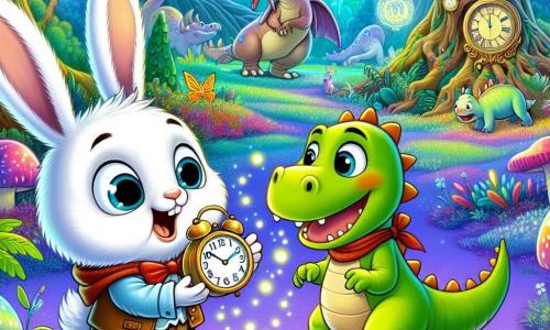 Un iepuraș pe nume Bobo, cu blană albă și urechi mari, arată o mare curiozitate și uimire ținând în mână un ceas strălucitor, observându-l cu ochii mari. Alături de el, un dinozaur prietenos, cu pielea verde și o expresie blândă, se află în poziție de joacă, zâmbind și invitându-l să exploreze. Împreună, ei se află într-o pădure magică, plină de copaci uriași cu frunze colorate și flori strălucitoare, iar în fundal se pot observa dinozauri jucându-se și plante gigantice care par să strălucească. Bobo și Dino se pregătesc să apese un buton pe ceasul magic, moment în care pădurea începe să se transforme, iar culorile vibrante se îmbină într-un dans de lumini, simbolizând aventura lor în timp.