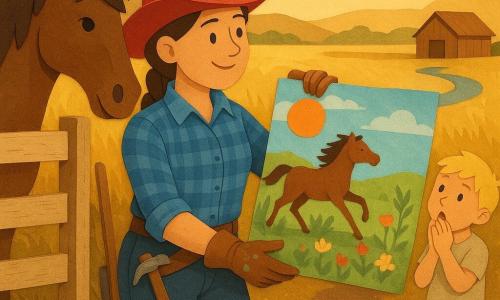 O femeie cowgirl cu fața rotundă și zâmbitoare, păr brun împletit și pălărie roșie, cu o expresie mândră și blândă, întinde ambele mâini să agațe o pânză mare pictată pe stâlpul porții; poartă o cămașă în carouri albastră, mănuși de piele uzate, cizme prăfuite și o curea cu un ciocănel mic, cu pete de vopsea pe degete. Un băiat de 7 ani, blond, în haine simple și sandale, privește uimit de pe drumul de pământ, cu mâinile la gură. Un cal maro numit Tobin, mare și liniștit, cu botul aproape de umărul fetei și urechile îndreptate spre ea, o privește blând. Locul e o fermă pe o pajiște la amurg, cu poartă din lemn deschis, câmpuri de iarbă înaltă aurie și un pârâu argintiu în dreapta; lângă hambar sunt câteva cizme și unelte. Cowgirl-ul agață o pânză colorată cu un soare, un cal în alergare și o grădină mică; vântul o flutură și ridică praf auriu, iar băiatul și calul privesc cu admirație.