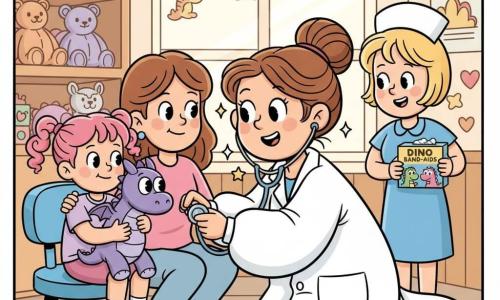 A smiling woman doctor (Dr. Maya) with a round face and loose brown bun, wearing a slightly oversized white coat, leans to child height to listen with a stethoscope to a large purple dragon plush; a shy 5-year-old girl (Sophie) with curly hair and pink braids sits left on a blue chair clutching the plush and watching in wonder; a smiling nurse (Linda) with short blond hair stands behind the doctor offering a box of dinosaur bandages to the right; a warm-faced mother with chestnut hair crouches by Sophie with a reassuring hand on her shoulder. The small consultation room is colorful—cream walls with hanging animal mobiles, a wooden shelf of stuffed toys, a red-and-yellow striped rug and soft morning light—creating a gentle, safe atmosphere with bright playful details like shiny stickers and a gleaming stethoscope.