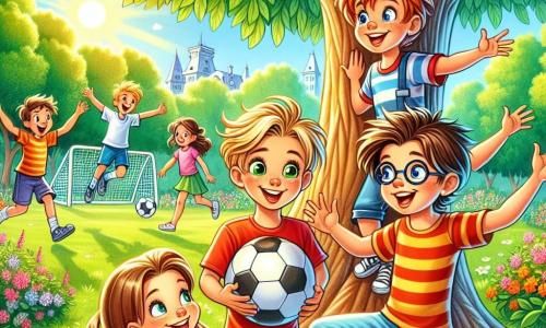Într-un parc însorit, patru copii se adună în jurul unui copac mare. Alex, un băiat de opt ani cu părul blond și ochi strălucitori, zâmbește ținând o minge de fotbal. Lângă el, David, un băiat înalt și energic cu părul brun și un tricou roșu, face gesturi entuziaste în timp ce vorbește. Luca, cu ochelari rotunzi și păr castaniu, se uită la un plan pe care îl ține în mâini, având un aer serios și concentrat. Bianca, o fată cu părul lung și brun, îmbrăcată într-o rochie colorată, își ridică brațele cu entuziasm, în timp ce Andreea, o altă fată cu părul scurt și blond, zâmbește ținând un panou de invitație la meciul de fotbal. Parcul este plin de verdeață, cu flori colorate și copii jucându-se în fundal. Cerul albastru deschis și norii albi adaugă o notă veselă scenei. Copiii discută cu entuziasm despre organizarea unui meci de fotbal, invitând fetele să li se alăture pentru a arăta că toată lumea poate juca împreună, indiferent de gen.