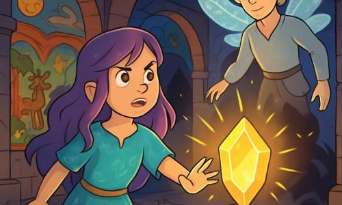A 12-year-old girl, Elara, stands in the center of a large ancient room, her eyes shining with determination and wonder. She has long, wavy, bright purple hair and wears a light tunic adorned with sparkling magical patterns. Her hands are outstretched towards a magnificent glowing crystal, the Harmony Stone, pulsing with golden light. Beside her, Zephyr, a majestic Lumina, floats slightly in the air. He appears about 15 in human years, with translucent wings that shine like stars. His gaze is filled with wisdom and encouragement as he watches Elara with pride. The room is filled with ancient ruins, stone walls covered in colorful frescoes depicting scenes of magic and nature. Crystal debris sparkles on the floor, and soft light filters through cracks in the ceiling, creating a mystical atmosphere. Elara is preparing to confront a threatening shadow emerging from the darkness, ready to defend the Harmony Stone and restore balance to her world.