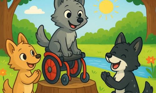 Ein kleiner Wolf namens Finn, mit weichem grauem Fell und neugierigen leuchtenden Augen, sitzt auf einem alten Baumstamm, ein stolzes Lächeln auf seinem Gesicht. Er hat einen kleinen roten Rollwagen, der ihm beim Bewegen hilft, und schaut bewundernd zu seinen Freunden. Neben ihm steht eine kleine Wölfin namens Lale, mit hellbraunem Fell und funkelnden Augen, die ihn ermutigend anfeuert, ihr Gesichtsausdruck ist fröhlich und voller Begeisterung. Ein anderer Wolf, Jonas, mit schwarzem Fell und weißen Flecken, sitzt auf dem Boden, lacht und applaudiert Finn, sein Gesicht strahlt vor Stolz. Die Szenerie ist eine schöne sonnige Lichtung, umgeben von großen Bäumen mit leuchtend grünen Blättern, und bunten Blumen, die im Wind tanzen. Im Hintergrund funkelt ein Bächlein unter den Sonnenstrahlen und verleiht der Szene einen Hauch von Magie. Die Hauptsituation zeigt Finn, den kleinen Wolf, auf dem Baumstamm, bereit zu springen mit Hilfe seiner Freunde und illustriert Mut und Freundschaft angesichts von Herausforderungen.