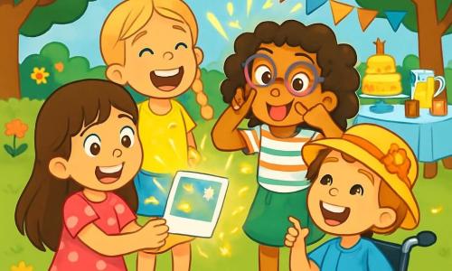 Er zijn 4 kinderen: - Lila: Een 8-jarig meisje met lang bruin haar en sprankelende ogen. Ze draagt een roze jurk met stippen en houdt een magische foto vast. - Noor: Een 8-jarig meisje met blonde vlechten en een stralende glimlach. Ze draagt een gele t-shirt en een spijkerbroek, en ze lacht enthousiast. - Yara: Een 8-jarig meisje met krullend haar en een paar kleurrijke brillen. Ze draagt een groene rok en een gestreept t-shirt, en ze trekt een grappige gezicht. - Pien: Een 8-jarig meisje in een rolstoel, met kort haar en een bloemenhoed. Ze draagt een blauwe blouse en comfortabele broek, en ze glimlacht blij terwijl ze naar haar vriendinnen kijkt. De kinderen staan samen in een prachtig groen park, vol kleurrijke bloemen en majestueuze bomen. In de verte is een stralende blauwe lucht met fluffy witte wolken. Een grote tafel is gedekt met taarten, drankjes en kleurrijke versieringen om Vaderdag te vieren. De kinderen lachen en delen blije herinneringen, omringd door magie en licht, terwijl ze een speciaal cadeau voor hun papa's voorbereiden, met een feestelijke en warme sfeer.
