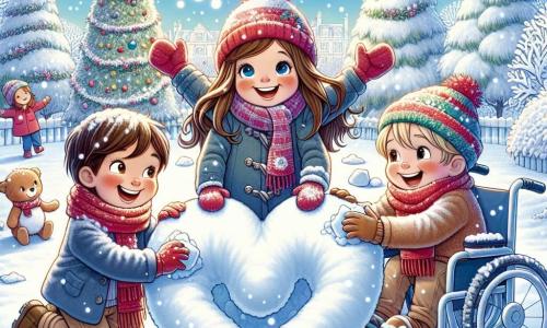 In un parco innevato, tre bambini felici stanno costruendo un grande cuore di neve. Luca, un ragazzo di 8 anni con capelli castani e occhi brillanti, è accovacciato a sinistra, ridendo mentre modella la neve con le sue piccole mani. Alla sua destra, Giulia, una ragazza di 7 anni con lunghi capelli biondi e un berretto rosso, canta sorridendo, con le braccia alzate verso il cielo. Marco, un ragazzo di 9 anni con capelli castani e una sciarpa colorata, è a destra, spingendo la sua sedia a rotelle, con un grande sorriso, pronto ad aggiungere neve al cuore. I bambini raccolgono la neve per creare un magnifico cuore, ridendo e cantando insieme, illustrando la magia dell'amicizia e dello spirito natalizio.