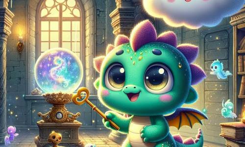 Fiammetta, una giovane drago con squame scintillanti di colore smeraldo, grandi occhi curiosi e un sorriso malizioso, si trova al centro di una stanza misteriosa, tenendo una chiave d'oro nella sua zampa. Esprime emozione ed determinazione, pronta a scoprire i segreti della casa abbandonata. Accanto a lei, Gocciolino, una nuvola sorridente dai contorni morbidi e cotonosi, fluttua gioiosamente, con occhi brillanti di entusiasmo. Osserva la scena con una leggera apprensione, chiedendosi cosa li attenda in questa avventura. Scaglie, un pesce volante dalle squame brillanti di blu e viola, svolazza attorno a loro, ridendo e gesticolando con grande energia, aggiungendo un tocco ludico all'atmosfera. La scena si svolge in una vecchia casa abbandonata, con muri coperti di ragnatele e finestre polverose, dove raggi di luce filtrano attraverso le crepe, illuminando libri antichi e oggetti dimenticati. Al centro della stanza, un globo di cristallo scintilla su un piedistallo, proiettando ombre misteriose sui muri. Fiammetta e i suoi amici hanno appena scoperto un cofanetto misterioso e si preparano ad aprire la porta di una camera segreta, pieni di eccitazione e curiosità, pronti a svelare il mistero che li circonda.