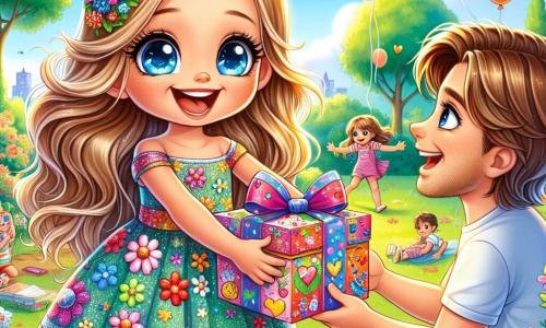 Una bambina di 6 anni, Sofia, con lunghi capelli biondi e occhi azzurri brillanti, è al centro dell'immagine. Indossa un vestito colorato a fiori e mostra un grande sorriso, piena di eccitazione, mentre porge una scatola decorata con disegni e brillantini a suo papà. Accanto a lei, suo padre, un uomo di circa 30 anni con capelli castani e una leggera barba, è in ginocchio, guardando la scatola con meraviglia. Indossa una camicia casual e jeans, e il suo viso irradia gioia e amore. Sullo sfondo, un parco soleggiato è pieno di verde, con alberi maestosi, fiori colorati e bambini che giocano. Palloncini fluttuano nel cielo blu, aggiungendo un tocco festoso all'atmosfera. La scena principale mostra Sofia, felice, mentre offre il suo regalo fatto a mano a suo padre, che è commosso da questo gesto, creando un momento magico per la festa del papà.