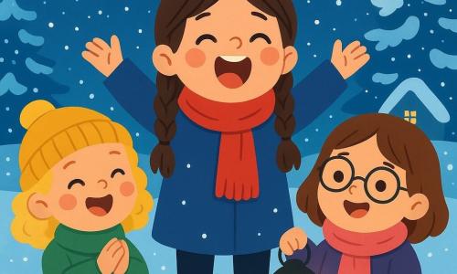 Hay 3 personajes: - Ana: una niña de 7 años, con largos cabellos castaños trenzados y una sonrisa radiante. Lleva una bufanda roja brillante y un abrigo azul. Está en el centro, levantando los brazos y cantando alegremente. - Lola: una niña de 6 años, con cabello rubio rizado y mejillas sonrosadas. Lleva un gorro de lana amarillo y una chaqueta verde. Está a la izquierda de Ana, aplaudiendo con entusiasmo. - Mía: una niña de 5 años, con cabello castaño y gafas redondas. Lleva una bufanda rosa y un abrigo violeta. Está a la derecha de Ana, sosteniendo una pequeña linterna que ilumina su canto. El lugar es un jardín nevado, lleno de copos de nieve brillantes bajo la luz de la luna. Hay árboles con ramas cargadas de nieve al fondo, mientras que una pequeña casa acogedora con luces doradas brilla a lo lejos. El suelo está cubierto de una gruesa capa de nieve, donde se pueden ver huellas y risas. La situación principal muestra a las tres niñas cantando juntas una dulce canción de Navidad, rodeadas de magia y alegría, bajo un cielo estrellado con estrellas brillantes que iluminan sus rostros felices. Copos de nieve caen suavemente alrededor de ellas, creando una atmósfera mágica y cálida.