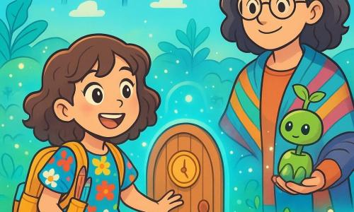 Una niña de 10 años, con cabello castaño rizado y ojos llenos de curiosidad, está frente a una pequeña puerta de madera decorada con un dibujo de reloj. Lleva un vestido de flores coloridas y una mochila llena de lápices y notas. Su rostro refleja asombro y emoción, con una sonrisa radiante. A su lado, una mujer de unos cuarenta años, la profesora Lina, con gafas redondas y un chal multicolor, observa la escena con una expresión amable. Ella sostiene un pequeño robot en forma de planta que brilla ligeramente, listo para ayudar. El entorno es un prado luminoso y futurista, lleno de plantas brillantes y robots de formas divertidas. El cielo es de un azul intenso, salpicado de nubes ligeras, y paneles solares flotan en el aire, emitiendo una luz suave. La escena principal muestra a la niña lista para cruzar la puerta misteriosa, rodeada de un aura de luz azul, mientras Lucías, pequeñas semillas luminosas, flotan a su alrededor, creando una atmósfera mágica e intrigante.