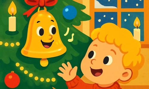 Eine kleine glänzende Metallglocke namens Lila hängt fröhlich an einem roten Band an einem Weihnachtsbaum. Sie hat funkelnde Augen und ein strahlendes Lächeln und erklingt mit einer sanften Melodie. Neben ihr schaut ein kleines Kind mit blonden, lockigen Haaren, das einen roten Wollpullover trägt, mit Staunen und Freude auf Lila. Es streckt die Hand aus, um sie zu berühren, während sein Gesicht im Licht der Kerzen strahlt. Der Baum ist mit glitzernden Girlanden und bunten Kugeln geschmückt, während ein weicher Teppich den Boden bedeckt. Draußen fallen sanft Schneeflocken, sichtbar durch ein mit Lichtern geschmücktes Fenster. Die Szene strahlt eine warme und festliche Atmosphäre aus, in der die Magie von Weihnachten mit Lichtblitzen und strahlenden Lächeln lebendig wird.