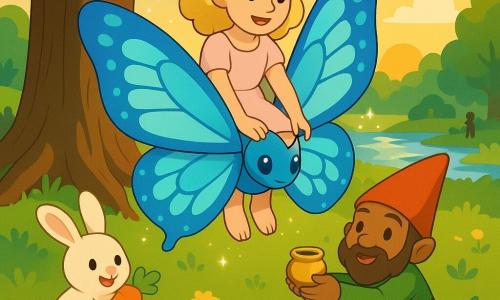 Lila, cabelos loiro-dourados, pele clara, sorriso terno, sentada nas costas de uma grande borboleta azul iridescente com padrões brancos e turquesa e pó de faíscas, segurando delicadamente as asas; um duende pequeno de roupa verde e marrom, barba curta castanha e chapéu vermelho pontudo, agachado ao pé de um grande carvalho com raízes à mostra, oferece um pote de mel dourado; um coelhinho branco de pelo fofo, olhos negros, segurando uma cenoura à esquerda da árvore, salta em agradecimento; lugar: clareira ensolarada em um bosque verde com relva e flores amarelas e roxas, riacho cintilante e lago ao fundo, nuvens suaves e luz dourada do pôr do sol; cena principal mágica, cores quentes e contrastantes, texturas suaves, composição centrada e legível para crianças.