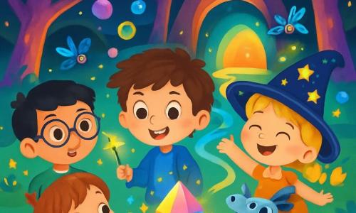Hay 4 niños: - Leo: un niño de 5 años con cabello castaño desordenado y ojos brillantes de curiosidad. Lleva una chaqueta azul y sostiene una pequeña varita mágica que brilla. Está en el centro, sonriendo, listo para explorar. - Sofía: una niña de 5 años con cabello rubio trenzado y un gran sombrero lleno de estrellas brillantes. Baila alegremente alrededor de Leo, lanzando burbujas de colores. - Tomás: un niño de 5 años con gafas redondas y cabello negro. Lleva una camiseta verde y observa con asombro a través de sus gafas, admirando los detalles mágicos del paisaje. Está ligeramente retirado, a la izquierda de Leo. - Lila: una niña de 5 años con cabello pelirrojo y un vestido rosa. Se ríe mientras sostiene su pequeño dragón robot que vuela a su alrededor. Está a la derecha de Leo, señalando hacia el cielo. El lugar es un bosque encantado, lleno de árboles flotantes con troncos de colores y hojas luminosas que brillan como estrellas. Ríos de luz serpentean entre los árboles, y libélulas robóticas bailan en el aire. En el centro, una gran cueva emite luces multicolores, con un cristal brillante sobre una piedra en medio. La situación principal muestra a los niños bailando y cantando alrededor del cristal mágico, que comienza a brillar intensamente gracias a su alegría. Las burbujas de Sofía flotan en el aire, y el dragón robot de Lila revolotea alegremente, creando una atmósfera festiva y mágica.