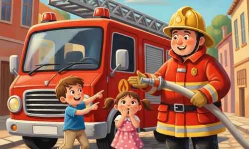 Un bombero sonriente y orgulloso, rostro redondo, piel clara, casco amarillo brillante, chaqueta roja con bandas reflectantes y pantalón negro, sostiene una gran manguera plateada y se la muestra a dos niños con gesto acogedor. Un niño, Pablo, ≈6 años, pelo corto castaño, camiseta azul y pantalón beige, salta de emoción junto al camión señalando la manguera. Una niña, Sofía, ≈5 años, con dos trenzas, vestido rosa con lunares blancos, manos en la boca y ojos abiertos, está junto a Pablo adelantándose hacia el bombero. Detrás, un gran camión de bomberos rojo y brillante con escalera en el techo, logo amarillo en la puerta y mangueras enrolladas visibles. Calle empedrada de un pequeño pueblo soleado, edificios coloridos y cielo azul claro con pocas nubes. Escena cálida y segura, colores primarios, formas redondeadas y rasgos suaves aptos para niños pequeños.