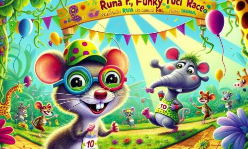 Remy, un șoarece mic cu ochi mari și mustăți tremurânde, poartă ochelari supradimensionați și o șapcă drăguță. Arată hotărât și puțin nervos, pregătit să facă față provocării cursei cu un zâmbet jucăuș. Lângă el, Hugo, un hipopotam vesel cu pielea gri și obrajii roz, râde frecându-și labele, în timp ce Gina, o girafă înaltă cu un gât lung și pătat, încearcă să-l încurajeze dând din cap. Scena se desfășoară într-o junglă vibrantă, plină de liane verzi, flori colorate și raze de soare care filtrează printre frunze. În fundal, un mare panou indică 