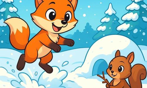 Um pequeno raposo com pelagem laranja brilhante, grandes olhos curiosos e um sorriso alegre, se diverte pulando em um montículo de neve, suas patas afundando na neve fofa, deixando rastros divertidos para trás. Perto dali, um pequeno esquilo, com uma cauda espessa e olhos brilhantes, observa Léo com um sorriso travesso, segurando um pequeno galho em suas patas, pronto para ajudá-lo a construir um forte de neve. O cenário é uma paisagem invernal encantadora, com árvores carregadas de neve, um céu azul claro salpicado de nuvens brancas, e o chão coberto por uma espessa camada de neve cintilante sob o sol de inverno. A cena mostra Léo e sua amiga criando um forte de neve, rindo e se divertindo, cercados por um mundo mágico e pacífico.