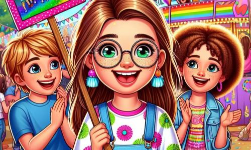 A 10-year-old girl, Lily, with long brown hair and round glasses, smiles enthusiastically, her eyes sparkling with joy. She wears a colorful t-shirt with a floral pattern and a denim skirt, holding a colorful poster about gender equality. Next to her, a 10-year-old boy, Max, with messy blonde hair and a blue t-shirt, claps with a big smile, while a 10-year-old girl, Emma, with curly hair and a pink dress, holds a decorated sign. In the background, a vibrant playground filled with colorful balloons, game booths, and festive decorations, where other children are having fun. The scene captures a joyful moment at the equality festival, where all the children gather to celebrate together, laughing and playing, creating an atmosphere of camaraderie and respect.